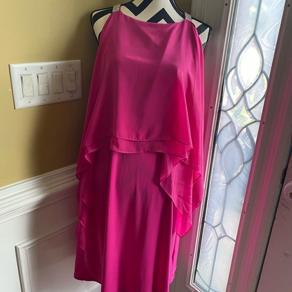 Glamour Hot pink polyester and spandex flowy sleeveless rhinestones accents SZ16